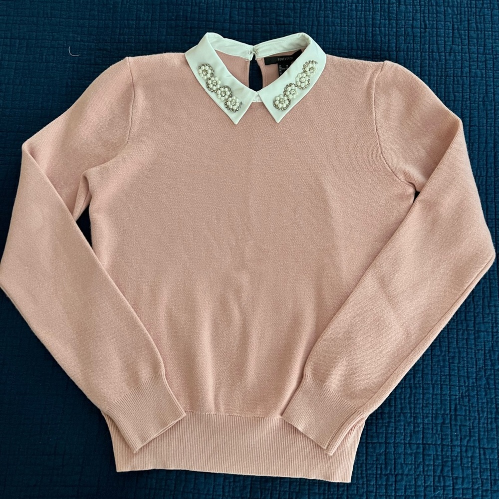 Forver21 Pink Collared Sweater with Pearl and Jewel Detail - Size M.